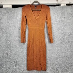 Marciano Guess Womens Rust Orange Ribbed V-Neck Long Sleeve Bodycon Dress Small